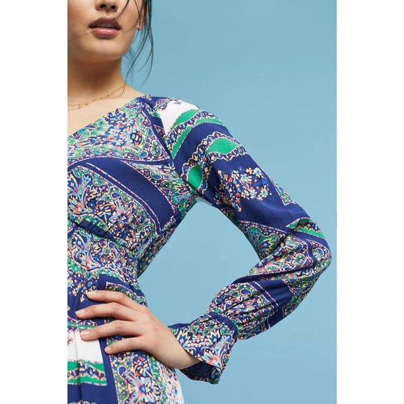 Anthropologie Maeve Blue Patchwork Long Sleeve Monaco Dress - 35744 - Picture 2 of 11